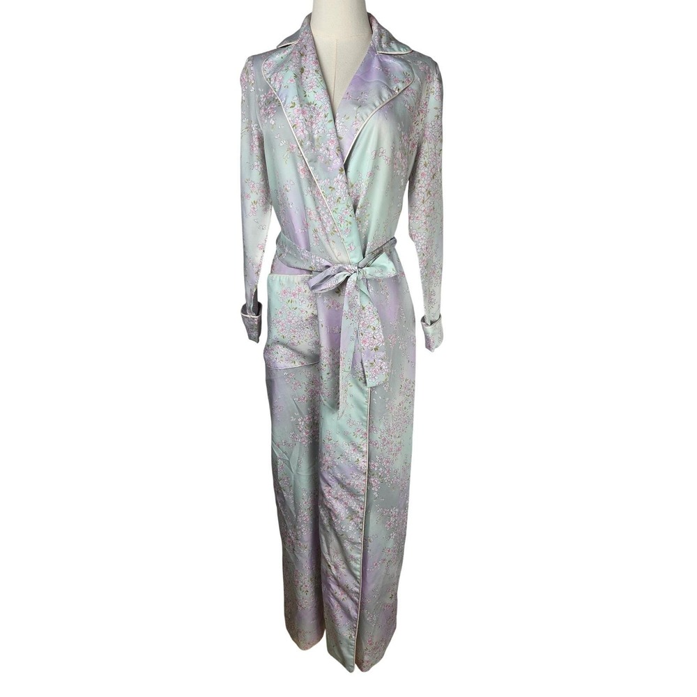 Vintage Rare Chiha Satin Wrap Robe M Pastel Floral Dressing Gown Coquette 70's